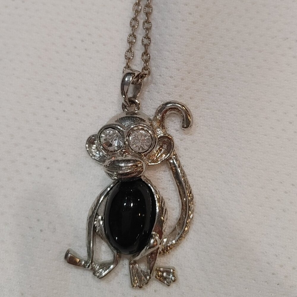 Vintage Black Monkey Pendant Necklace Rhinestone Eyes